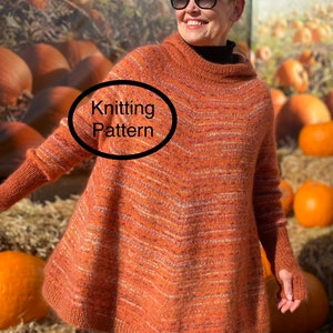 PDF knitting pattern only.Rustic Hoody Poncho Sweater Knitting pattern.One size- oversize.Flattering look for any body shape.Thumbhole Cuffs