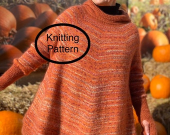 PDF knitting pattern only.Rustic Hoody Poncho Sweater Knitting pattern.One size- oversize.Flattering look for any body shape.Thumbhole Cuffs