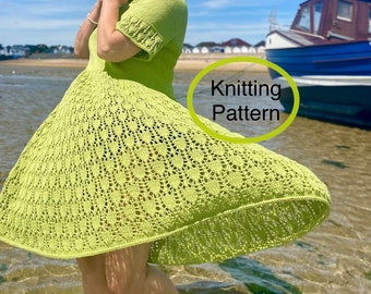 PDF knitting pattern only.Gathered Collared Dress knitting pattern.Sizes S/M, L/XL.Seamless,knitted top down,collared,gathered,lace skirt.