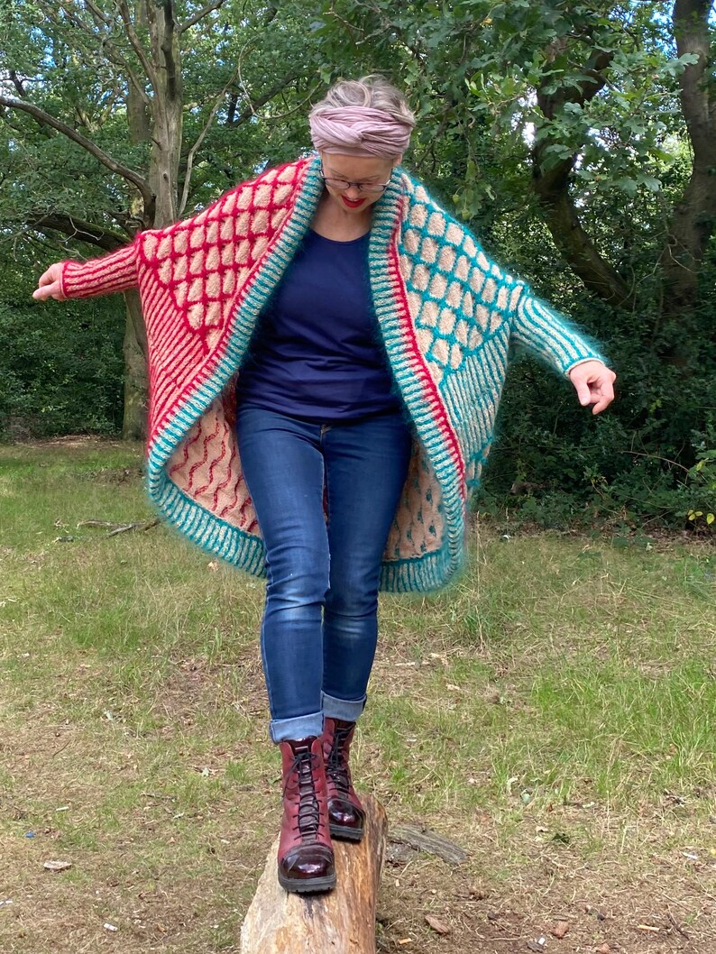 PDF knitting pattern.Hand knitted chunky colourful oversized cardigan knitting pattern.Easy knitting instructions,using chart and pictures zdjęcie 7