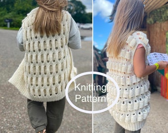 PDF KNITTING pattern only.Inside-Out Vest.Hand knitted. Seamless,knitted bottom up.Easy to follow instructions.Airy and puffy vest for girl.