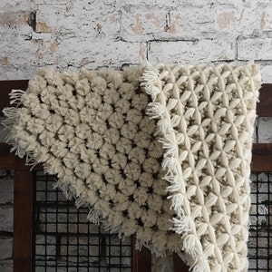 Hand crafted cot,pram baby pom pom blanket. Natural farms wool rustic,vintage,countryside baby blanket.Christmas,birthday,baby shower gift.
