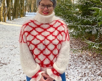 Hand knitted colourful sweater,jersey,pullover in diamond pattern. Light and warm knitwear for women from brushed alpaca and merino wool.