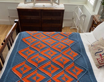 Funky Patchwork Afghan/Blanket/Throw/Bedspread.Hand knitted from farm wool  in pieces and joined in one.Housewarming,birthday,Christmas gift