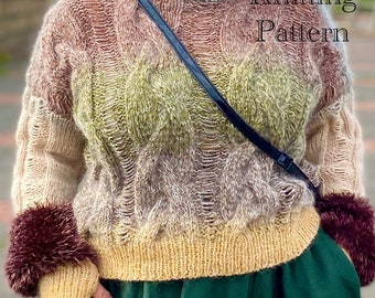 PDF knitting pattern English only.Crazy Cables Pullover pattern.Size:m/l; xl/xxl.Written instructions,chart.Women knitwear knitting pattern