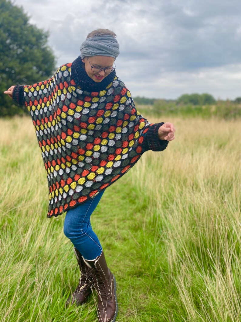 PDF knitting pattern for beginners.Hand knitted Colourful,Oversized Honeycomb Poncho Knitting pattern. Easy to follow instructions and chart image 3