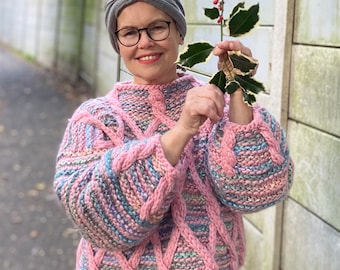 Mosaic Crop Pullover.Knitwear for any age women.Colourful and unique sweater,chunky jumper.Hand knitted jersey for any occasion.Size M/L.