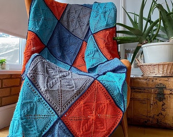 Cabled Patchwork Afghan/blanket/bedspread.Knitted square motifs,joined in one cosy snuggle.Housewarming,birthday,Christmas gift.