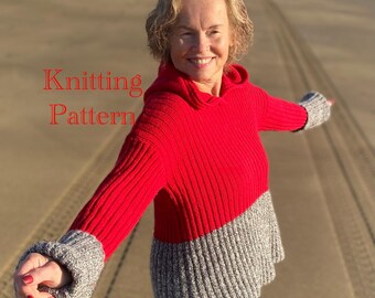 PDF knitting pattern in English only. Simple Rib Hoodie knitting PDF instructions.Hand knitted pullover,jumper,sweater. Sizes: s,m,l,xl,xxl.