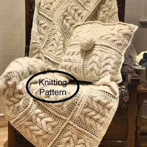 PDF knitting pattern.Hand knitted chunky cable square afghan/blanket/bed cover/bedspread and cushion knitting pattern.