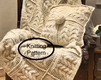 PDF knitting pattern.Hand knitted chunky cable square afghan/blanket/bed cover/bedspread and cushion knitting pattern.