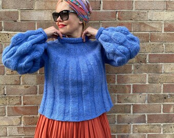 Hand knitted pullover/sweater/jersey/jumper with round yoke,puff sleeves knitted from quality soft wool,for every women any occasion.