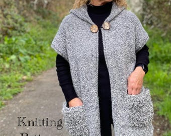 Marled Hoodie Vest knitting pattern PDF English only. Beginner-Friendly. Box fit. Sizes: S (M, L, XL).