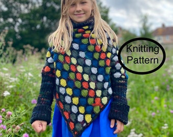 PDF knitting pattern only.Honeycomb Poncho for Miss.One size wrap,cape.Fits up to 8yrs.Beginner knit.Multicolour knitting.Chart,instructions