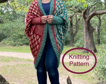 PDF knitting pattern.Hand knitted chunky colourful oversized cardigan knitting pattern.Easy knitting instructions,using chart and pictures