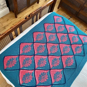 Flowery Patchwork Afghan/Blanket/Bedspread/Throw.Hand knitted from farm wool in pieces, joined in one.House warming/Birthday/Christmas gift