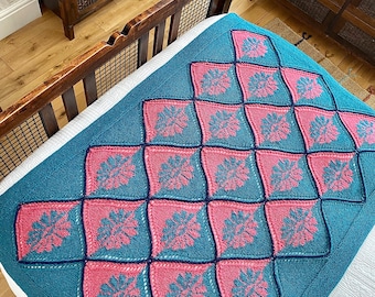 Flowery Patchwork Afghan/Blanket/Bedspread/Throw.Hand knitted from farm wool in pieces, joined in one.House warming/Birthday/Christmas gift