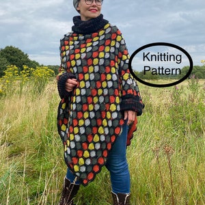 PDF knitting pattern for beginners.Hand knitted Colourful,Oversized Honeycomb Poncho Knitting pattern. Easy to follow instructions and chart image 1