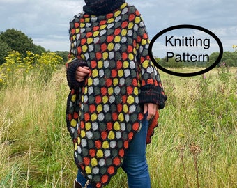 PDF knitting pattern for beginners.Hand knitted Colourful,Oversized Honeycomb Poncho Knitting pattern. Easy to follow instructions and chart