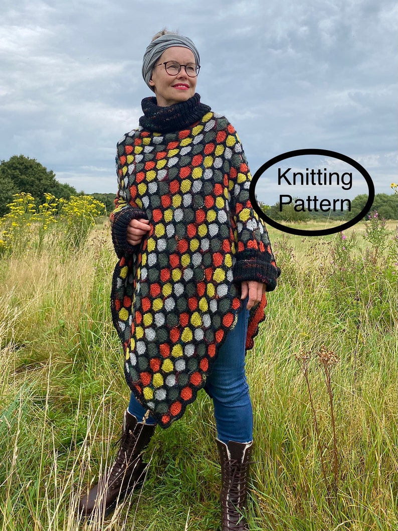 PDF knitting pattern for beginners.Hand knitted Colourful,Oversized Honeycomb Poncho Knitting pattern. Easy to follow instructions and chart image 1