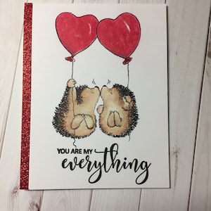 Handgefertigte Karte, Handgestempelte Karte, Handgefärbte Karte, Jubiläumskarte, Liebeskarte, Valentinstag, Gestempelte Karte, Igelkarte