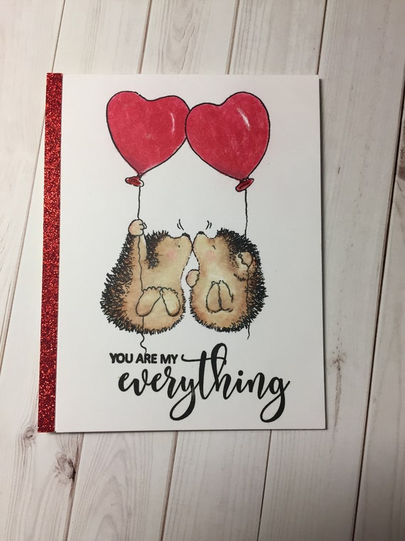 Handmade Card, Hand Stamped Card, Hand Colored Card, Anniversary Card, Love Card, Valentine Card, Stamped Card, Hedgehog Card