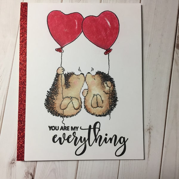 Handmade Card, Hand Stamped Card, Hand Colored Card, Anniversary Card, Love Card, Valentine Card, Stamped Card, Hedgehog Card