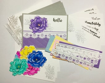 Handmade Card, DIY Card Kit, Card Kit, Stamped Card, Layered Card Kit, Floral Card Kit, Custom Card Kit, Birthday Card Kit, DIY Notecard Kit