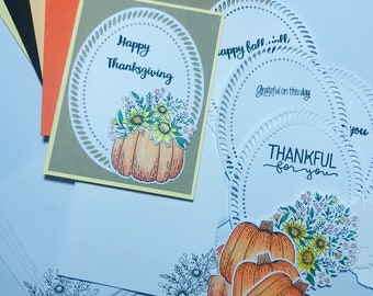 DIY Pumpkin Card Kit: Hand-Colored Fall Flowers & Pumpkin , Custom Sentiments
