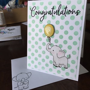 Tarjeta de bebé, tarjeta hecha a mano, tarjeta estampada, tarjeta de felicitaciones, tarjeta de elefante, tarjeta de bebé neutra, tarjeta de lunares, tarjeta de bebé dulce, tarjeta 3D