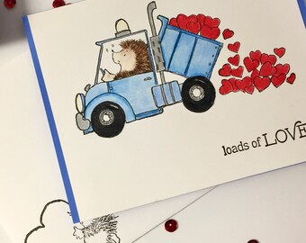Tarjeta hecha a mano, tarjeta estampada a mano, tarjeta coloreada a mano, tarjeta de San Valentín, tarjeta de amor, tarjeta divertida de erizo, tarjeta infantil