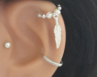 Cyber Sale 925 Sterling Silver Feather Freshwater Pearl Hoop, Helix Piercing, Silver Hoop Cartilage Earring, 16g 18g 20g 22g, Wedding gifts