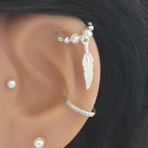 Cyber Sale 925 Sterling Silver Feather Freshwater Pearl Hoop, Helix Piercing, Silver Hoop Cartilage Earring, 16g 18g 20g 22g, Wedding gifts