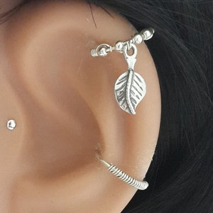 SALE -925 Sterling Silver Leaf Hoop,Silver Hoop Earring,Silver Helix Earring,16-22 Gauge, 7-12mm Inner Diameter, Helix Piercing