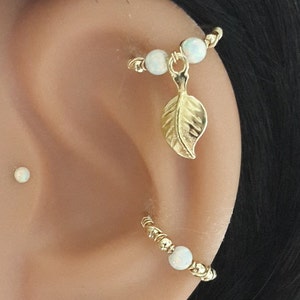 Gold Leaf Hoop,Gold Hoop Earring, Helix Ring, Fire Opal Cartilage Earring,16G 18G 20G 22G, Helix Piercing,October Birthstone,Labor Day Sales
