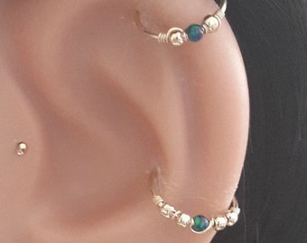 Green-Blue Opal 2mm Helix Earring- Gold Beaded Cartilage Hoop-Silver Helix Piercing- October&#39;s Birthstone-20G 22G 24G- 6-12mm Inner Diameter