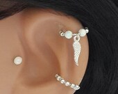Angel Wing Opal 925 Sterling Silver Hoop,Helix Piercing,Gold Cartilage Earring,16G 18G 20G 22G,Feather Dangle Jewelry,Holiday Gift Shopping