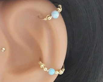 SALE -Azure Opal 3mm Cartilage Earring-Helix Hoop Ring-Small Azure Opal Helix Ring-October&#39;s Birthstone-16G 18G 20G 22G-Valentine&#39;s Day Gift