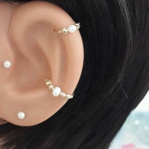 Wedding Gifts ,Gold White Pearl Helix Piercing,Gold Cartilage Ring,Nose,Septum,Tragus Hoop,16g 18g 20g 22g24g,June's Birthstone,SharmJewelry