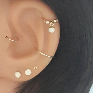 SALE -22g 20g 18g 16g Gold fire white opal pendant bead cartilage earring,silver helix,tragus,conch,nose hoop,bohemian jewelry,Gift Shopping