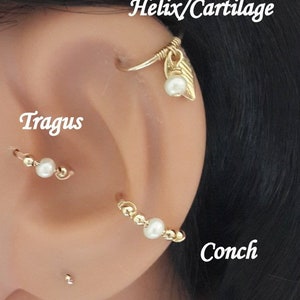 14K Gold Filled Leaf Freshwater Pearl Hoop, Helix Piercing, Opal Gold Hoop Earring, Cartilage Earring,16G 18G 20G 22G24G,Black Friday,Gifts