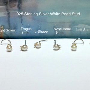 May include: Five different styles of 925 sterling silver white pearl nose studs. The styles include a right screw, tragus, L-shape, nose bone, and left screw. Each stud features a small white pearl.