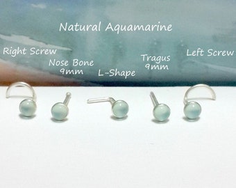 Natural Aquamarine 3mm Nose stud, Nose Screw, Nose Bone,L- Shaped,925 Sterling Silver Stud, 22g 20g 18g 16g ,Gift,March's Birthstone,Sale