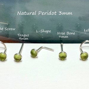 Natural Peridot 2mm or 3mm Nose stud, Nose Screw, Nose Bone,L- Shaped,925 Sterling Silver Stud,24g 22g 20g 18g 16g ,Gift,August&#39;s Birthstone