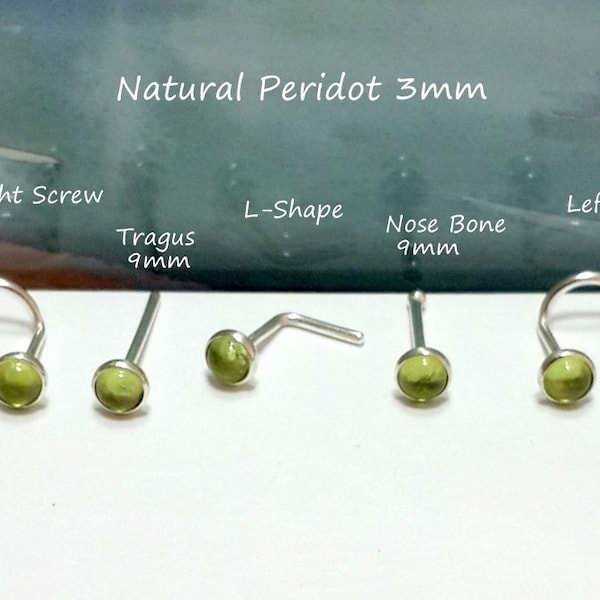 Natural Peridot 2mm or 3mm Nose stud, Nose Screw, Nose Bone,L- Shaped,925 Sterling Silver Stud,24g 22g 20g 18g 16g ,Gift,August's Birthstone