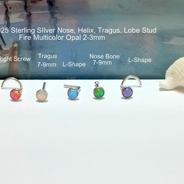 Nose Stud Multicolor Opal 22g 20g 18g 16g stud,Nose Screw, Nose Bone,L-Shaped,Sterling Silver Nose Stud,Right and Left Nostril,Holidays Gift