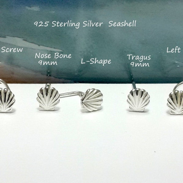 SALE -22g 20g 18g 16g  Sterling Silver Seashell Nose Stud, Tragus stud, 925 Silver Screw,Nose Bone,L-Shaped,Right  Left Nostril,Sharm Gift
