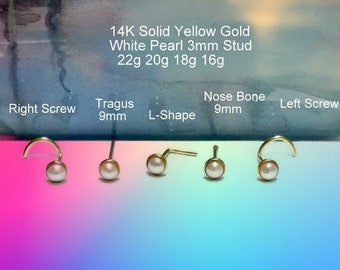 14K Solid  Gold Freshwater White Pearl Nose Stud, 22g 20g 18g 16g, Nose Screw, Nose Bone, L- Shaped, Gold Tragus Stud,  Nostril, Gifts