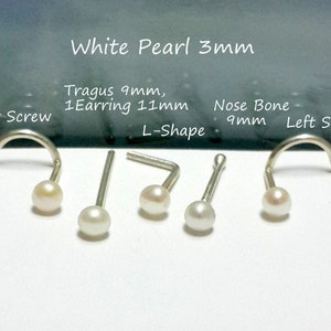 Freshwater White Pearl Sterling Silver Nose Stud,16g 18g 20g 22g 24g, Gold Filled Nose Screw,Nose Bone,L-Shaped,June Birthstone,Wedding Gift