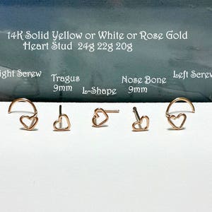 20g 22g 24g ソリッドイエロー、ホワイト、ローズゴールドハートノーズ - トラガススタッド - 鼻骨 - ソリッドゴールドハートスタッド - 右、左の鼻孔、ホリデーギフト